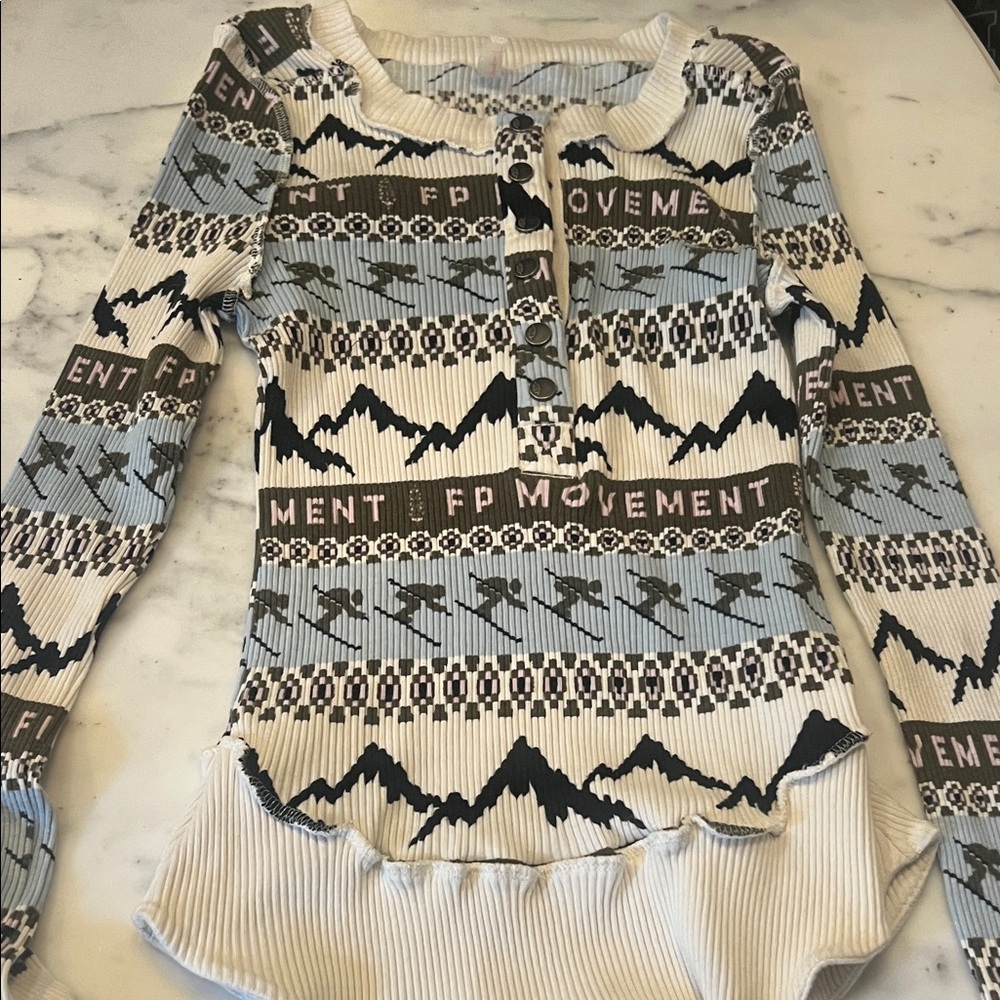 FP Movement by Free People Geometric Button Down Shirt - Blue and Cream